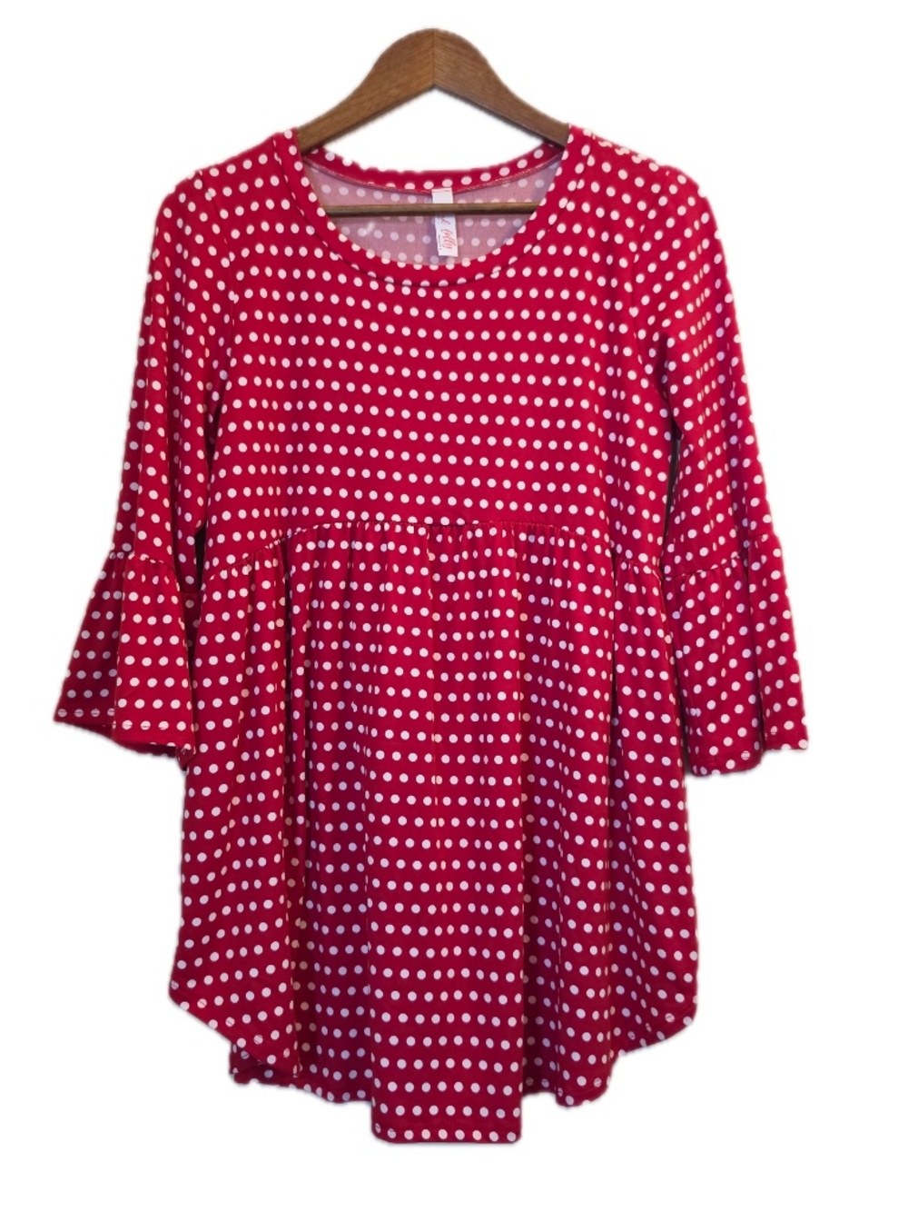 Red Lolly Blouse Womens M Red Polka Dot Tunic Bell Sleeve 3/4 Sleeve Ruffle USA